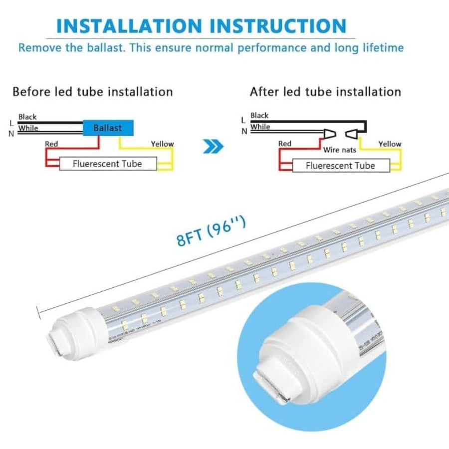 Super Bright V Shaped 8FT R17D/HO LED Tube Lights 270° Angel, 4 Row LEDs 80W 10800lm 6500K Cold White, Clear PC Cover (Replace for F96T12/CW/HO150W) Ballast Bypass Dual-Ended Power AC100-277V 12PACK