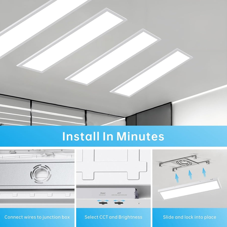 1x4FT Led Flat Panel Light Surface Mount Ceiling Light, 5CCT 3000K/3500K/4000K/5000K/6500K 120V TRIAC Dimmable, 30W/40W/50W 6250Lumens, Flush Mount or Drop Ceiling for Office Kitchen Garage