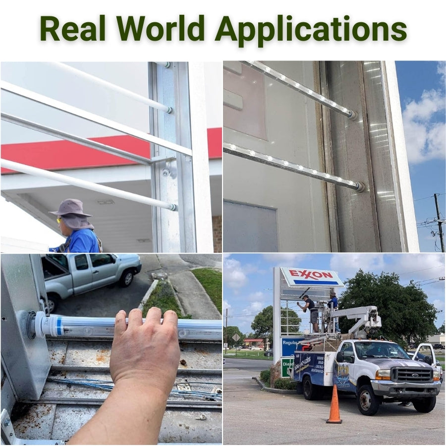 Collage of real-world applications of 6 ft shop lights including a person using a ladder, a truck with a ladder on top, and an Exxon gas station.