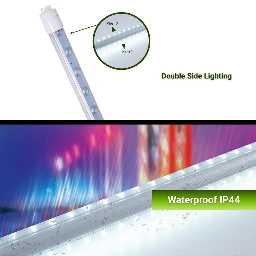 LED strip light with double side lighting feature and waterproof IP44 rating on a white background.