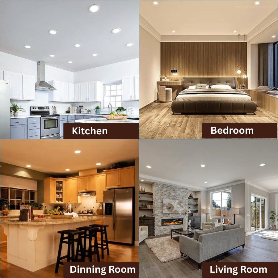use cases of 6 inch led wafer lights by Collage of a kitchen, bedroom, dining room, and living room with labels.
