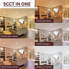 Collage of 6 inch recessed lights in a living room with different color temperature labels on the lighting.
