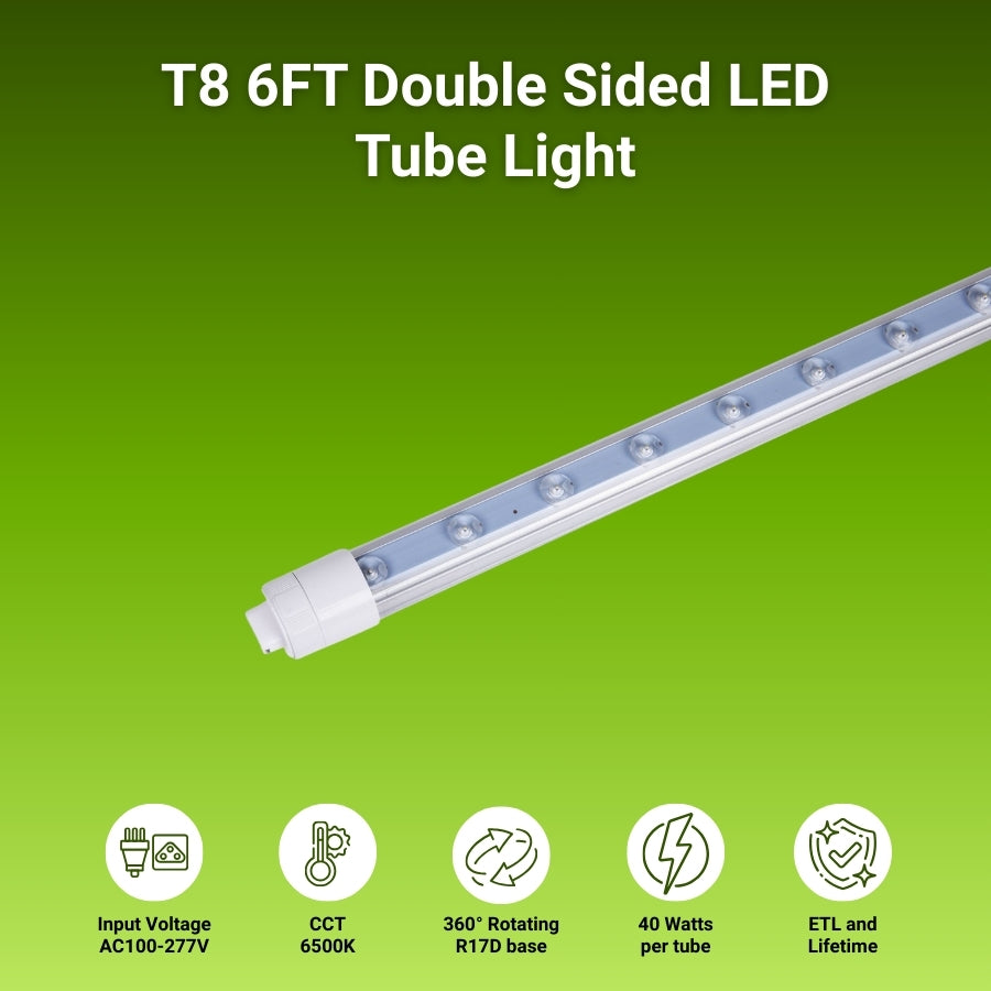 T8 6FT Double Sided LED Tube Light on a green background with specifications listed.