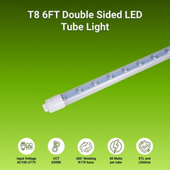 T8 6FT Double Sided LED Tube Light on a green background with specifications listed.
