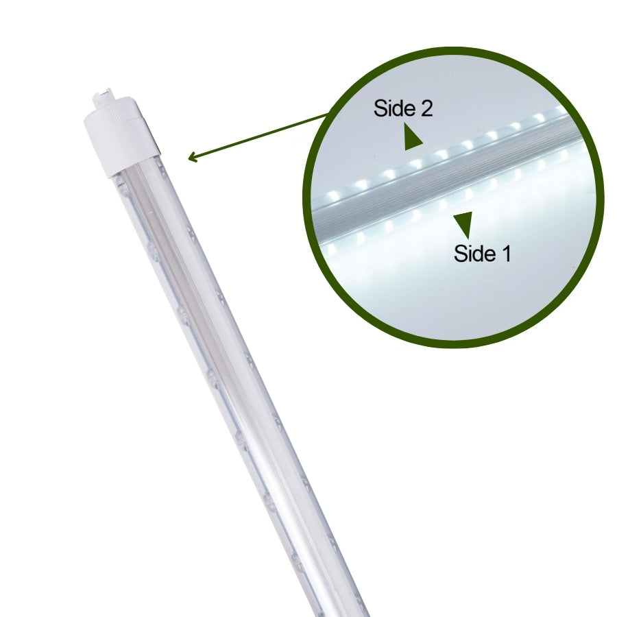 6ft shop light with a close-up inset showing 'Side 1' and 'Side 2'.