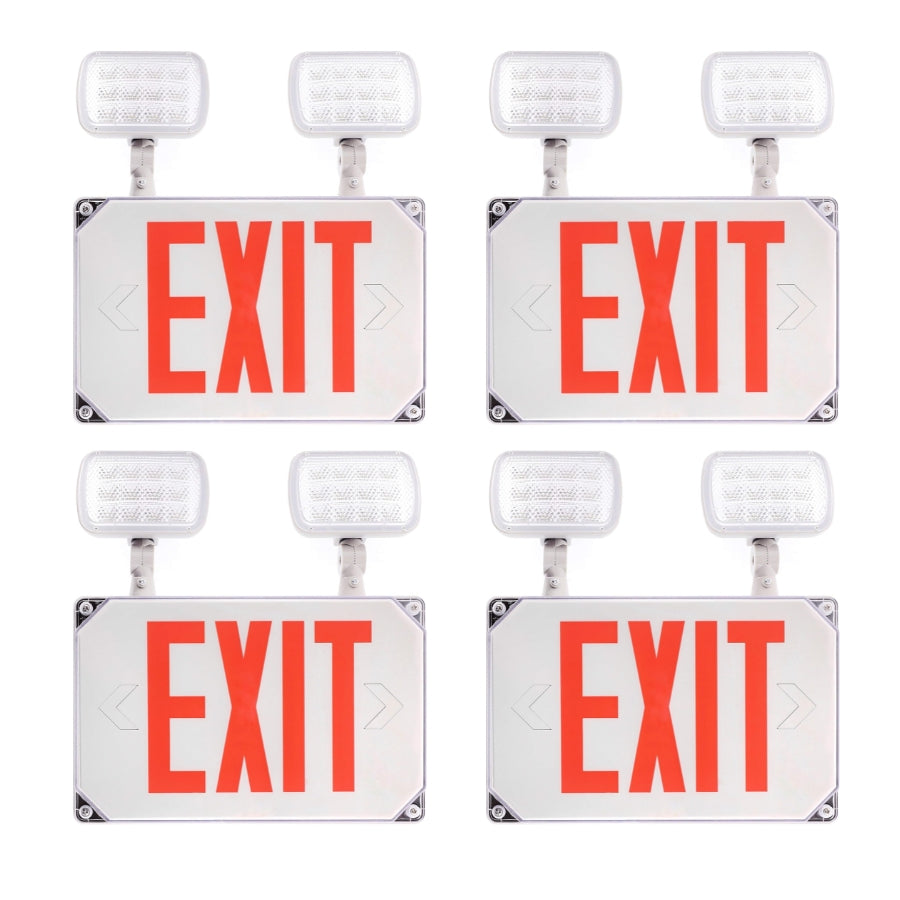 Wet Location Red Exterior Weatherproof Outdoor LED Combo Exit Sign Emergency Light With Battery Backup, Double Face, AC 120V/277V, UL Certified