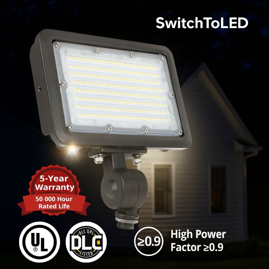LED Flood Light, Knuckle Mount, Selectable Wattage 30W/40W/50W & CCT 3000K/4000K/5000K, 7,250 Lumens, 200W MH Equivalent, IP65 Waterproof, 0–10V Dimmable, Integrated Photocell, UL & DLC Listed – 5 Year Warranty