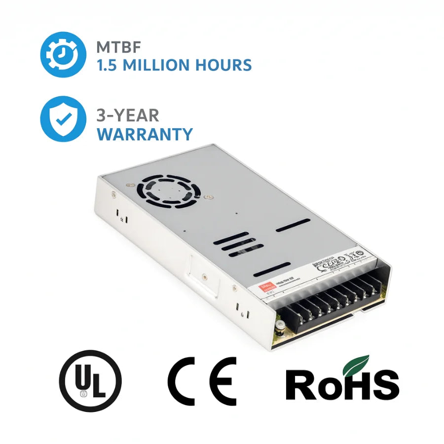 LRS-450 450W24V Single Output Switching Power Supply – 110-277AC Input, UL/CE/RoHS Certified, 87–92% Efficiency, 12V/24V Output, Compact 35mm Low-Profile, Industrial Grade, 3-Year Warranty