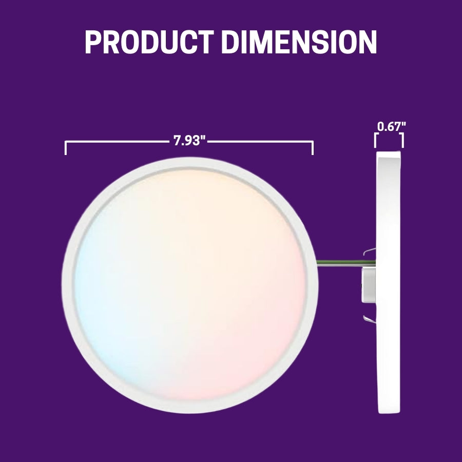 Product dimensions of a round object with measurements on a purple background at fliptoled