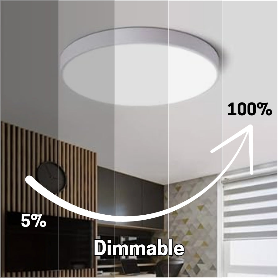 Ceiling light fixture with dimming indicator showing 5% and 100% brightness levels in a room setting at fliptoled