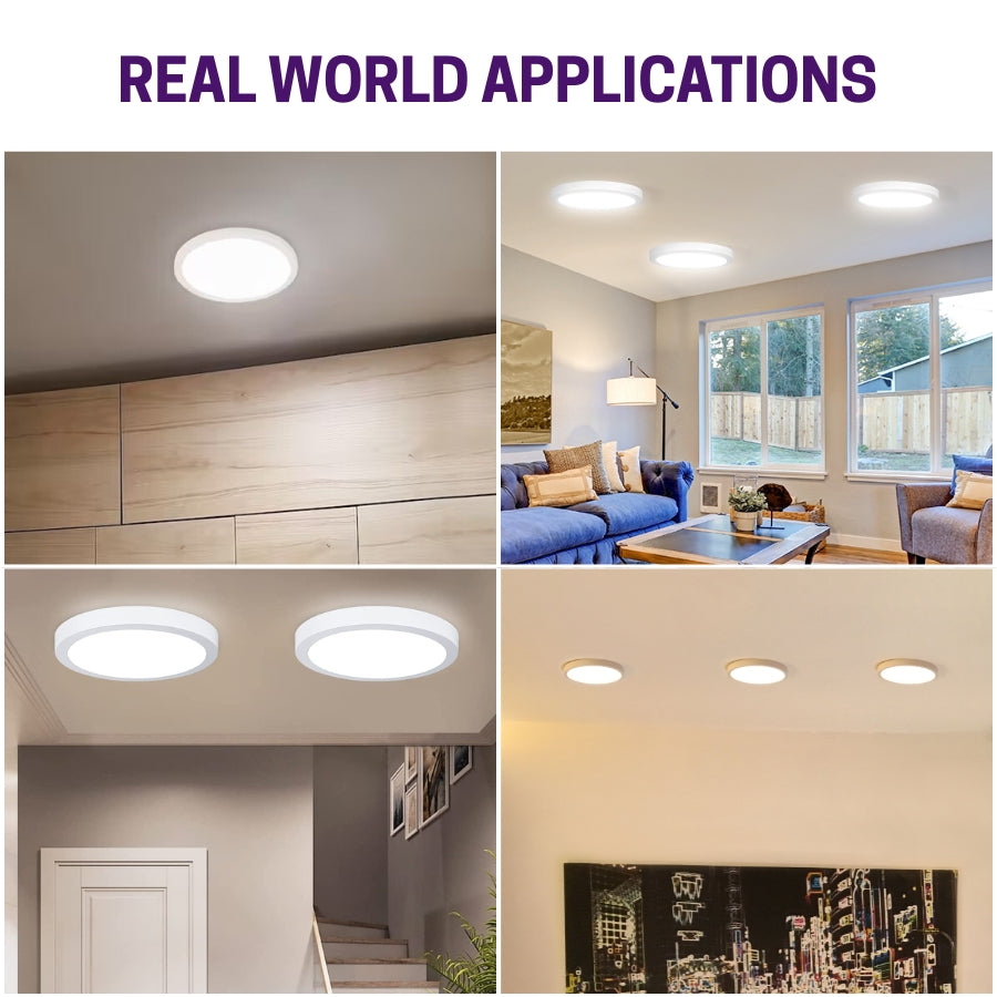Real-world applications of LED ceiling lights in various indoor settings at fliptoled