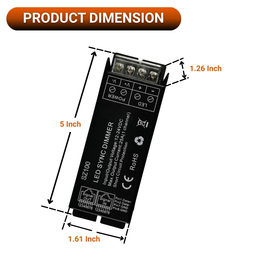 SZ100 LED Sync Dimmer Smart LED Controller RGBW RGBCCT CCT DIM Input/Output Voltage 12-24VDC Wired & Wireless Sync Bluetooth WiFi Tuya Alexa Google Compatible