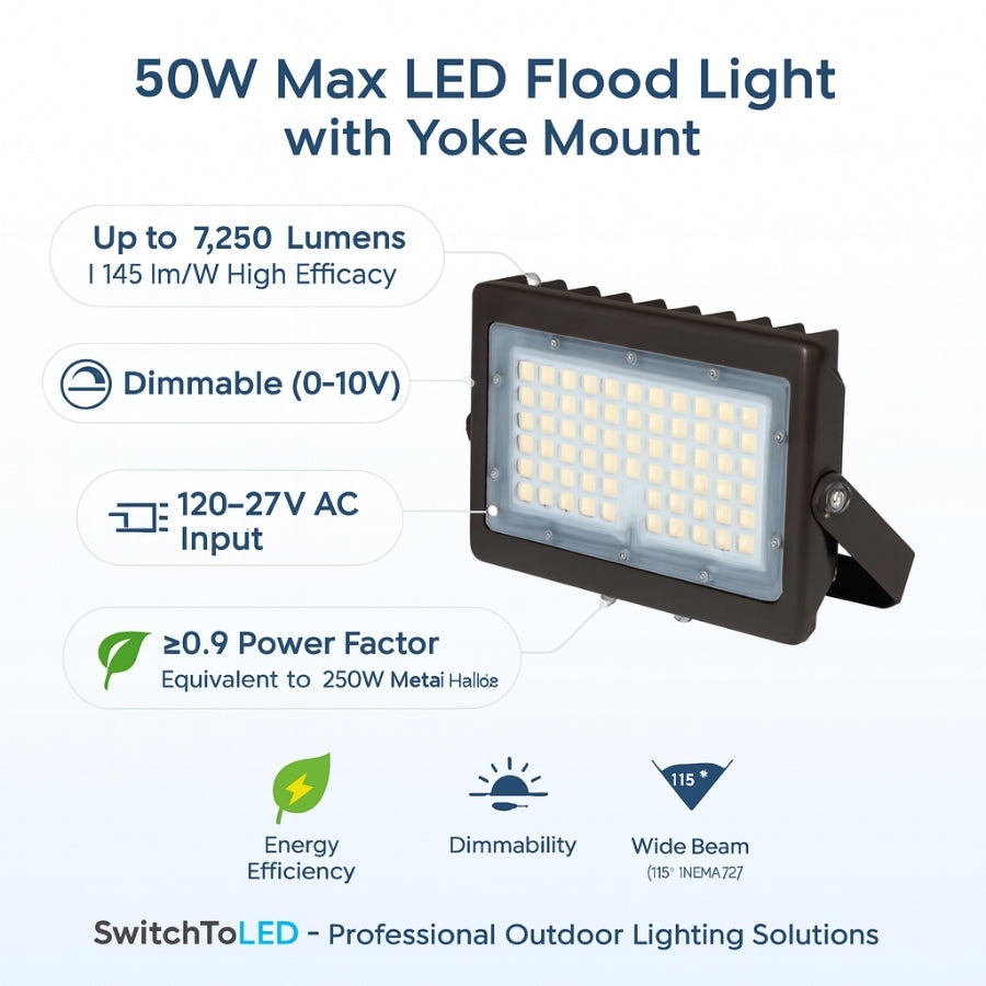 50W Max LED Flood Light with Yoke Mount — Selectable Wattage 30W/40W/50W & 3CCT (3000K–5000K), 7,250 Lumens, Photocell Included, 0-10V Dimmable, IP65 Waterproof, 250W MH Equivalent, UL/DLC Premium, 50,000 Hrs, 5-Year Warranty