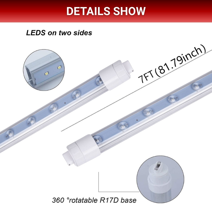 7ft led shop lights with specifications on a white background