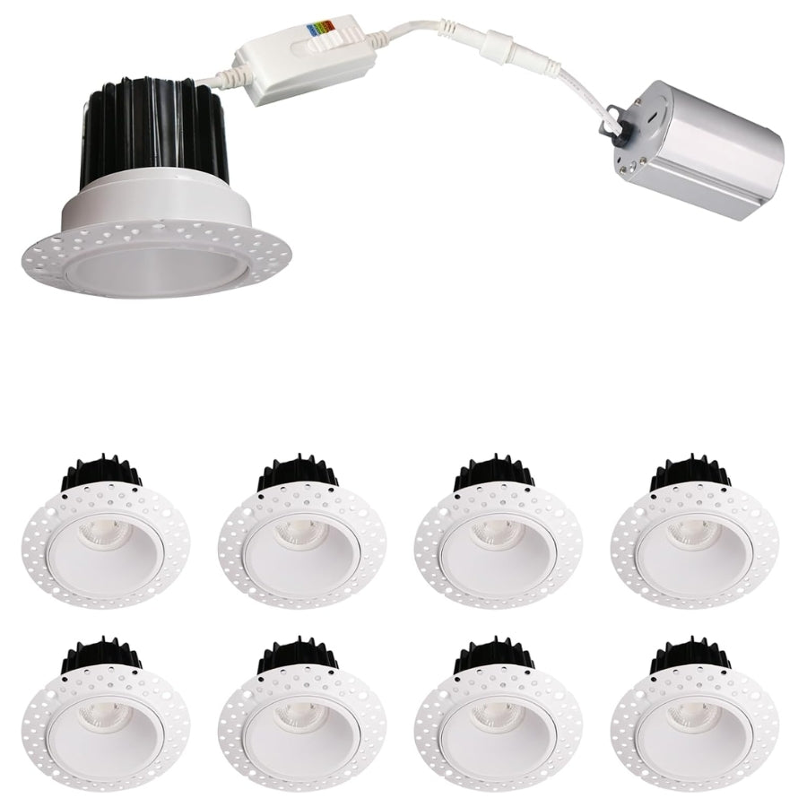 2 Inch 8W Round LED Trimless Downlight with Junction Box, 700 Lumens, 2700K/3000K/3500K/4000K/5000K Selectable, AC120V TRIAC/ELV dimmers, White Trim, IC Rated, CRI 90+ Wet Location ETL Listed 8PACK