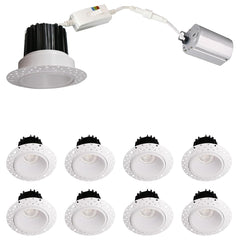 2 Inch 8W Round LED Trimless Downlight with Junction Box, 700 Lumens, 2700K/3000K/3500K/4000K/5000K Selectable, AC120V TRIAC/ELV dimmers, White Trim, IC Rated, CRI 90+ Wet Location ETL Listed 8PACK