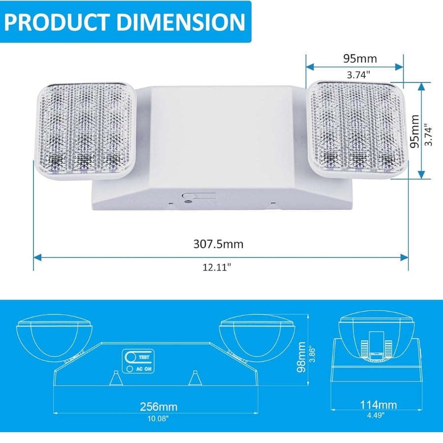 Indoor Emergency Lights with Battery Backup (90 Minutes), 2 Adjustable LED Heads of Power Outage, Wall Mount, Hard Wired, Test Switch and Charge Indicator 120-277V, Fire Resistant (UL 94V-0)