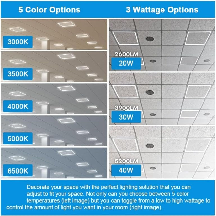 2X2 FT Edge-Lit Frame Upgraded Version LED Panel Lights,5CCT Selectable 3000K-6500K, 2600/3900/5200LM,20W/30W/40W Switch, Grid Drop Ceiling Lights,0-10V Dimmable, Damp Rated,100-277V,ETL Listed 6Pack