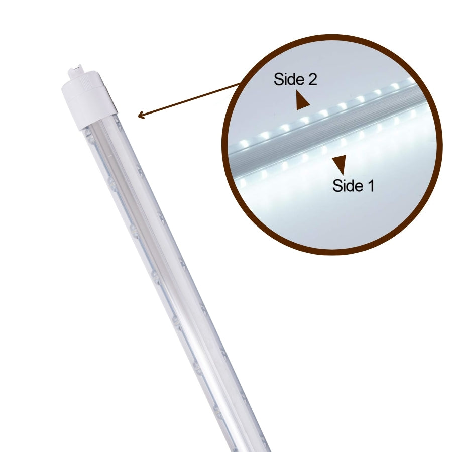 8 foot shop lights with a close-up inset showing 'Side 1' and 'Side 2'.
