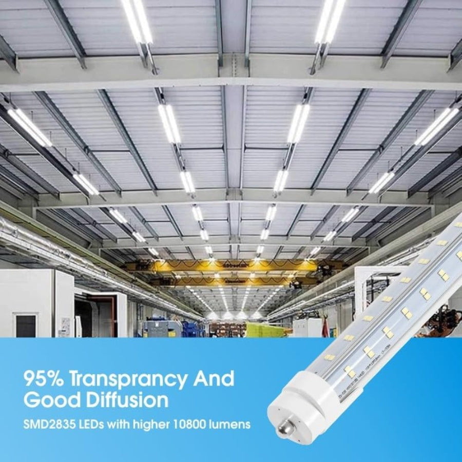 8 ft led shop light​ with text on transparency and diffusion in a warehouse setting, LED bulb at fliptoled 