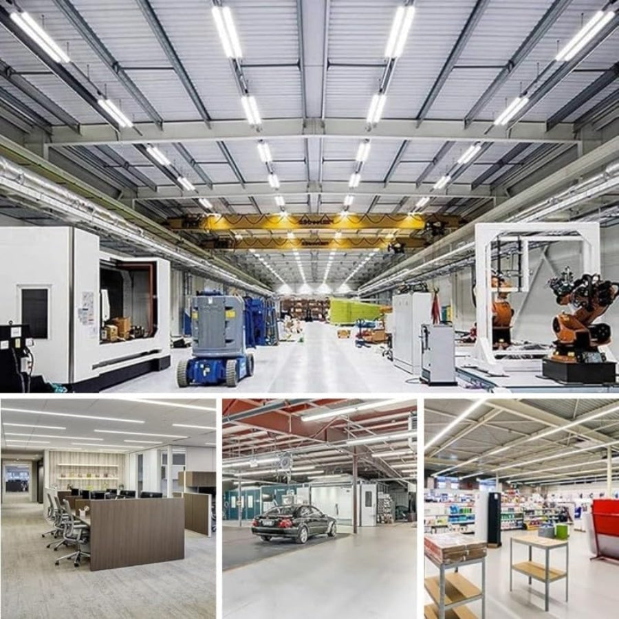Collage of industrial and office spaces with modern equipment and design highlight 8 led shop light at fliptoled 