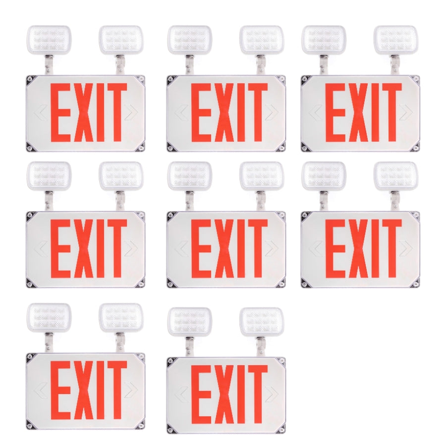 Multiple exit signs with red 'EXIT' text on a white background