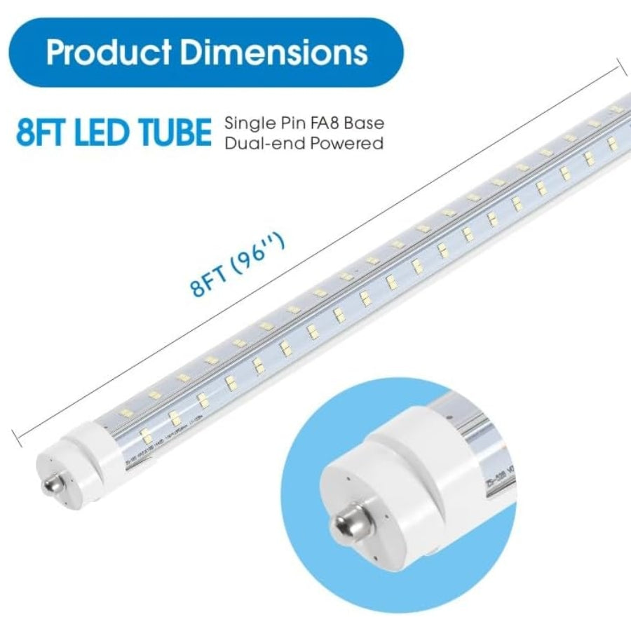 8ft LED tube with dimensions and base type on a white background, 8ft led shop light​at fliptoled 