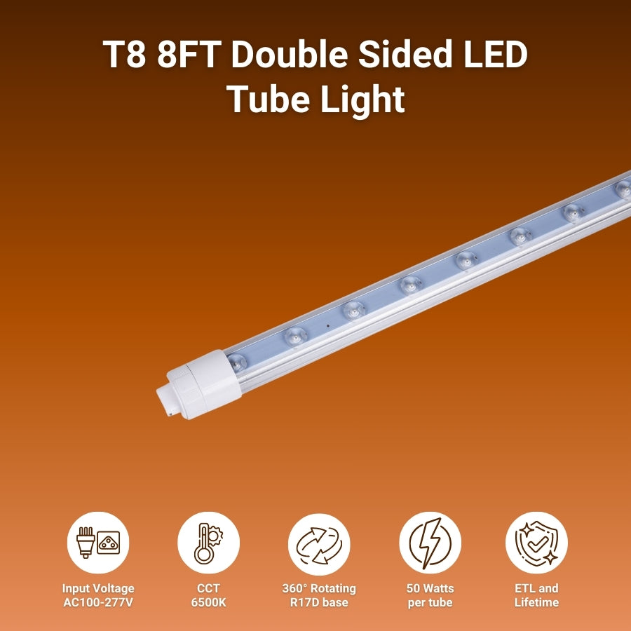 T8 8FT Double Sided LED Tube Light on an orange background with specifications listed.