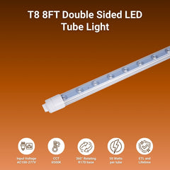 T8 8FT Double Sided LED Tube Light on an orange background with specifications listed.
