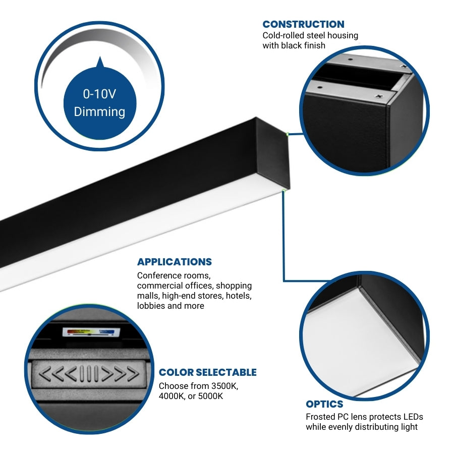 8FT Linear LED Light Fixture, 80W 9600lm, CCT Selectable, 120-277V, Black Housing, Suspended or Surface Mount, Energy-Efficient LED Strip Lighting for Commercial & Residential Use