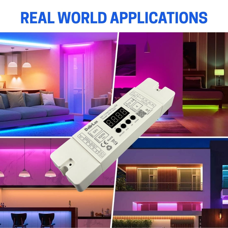 LED Strip Light Controller SPI01-WIFI – 12–24V DC, 4-Channel RGB IC, 2.4GHz RF & Tuya Smart App, Easy Smartphone & Voice Control, Wide Temp -20°C to +80°C