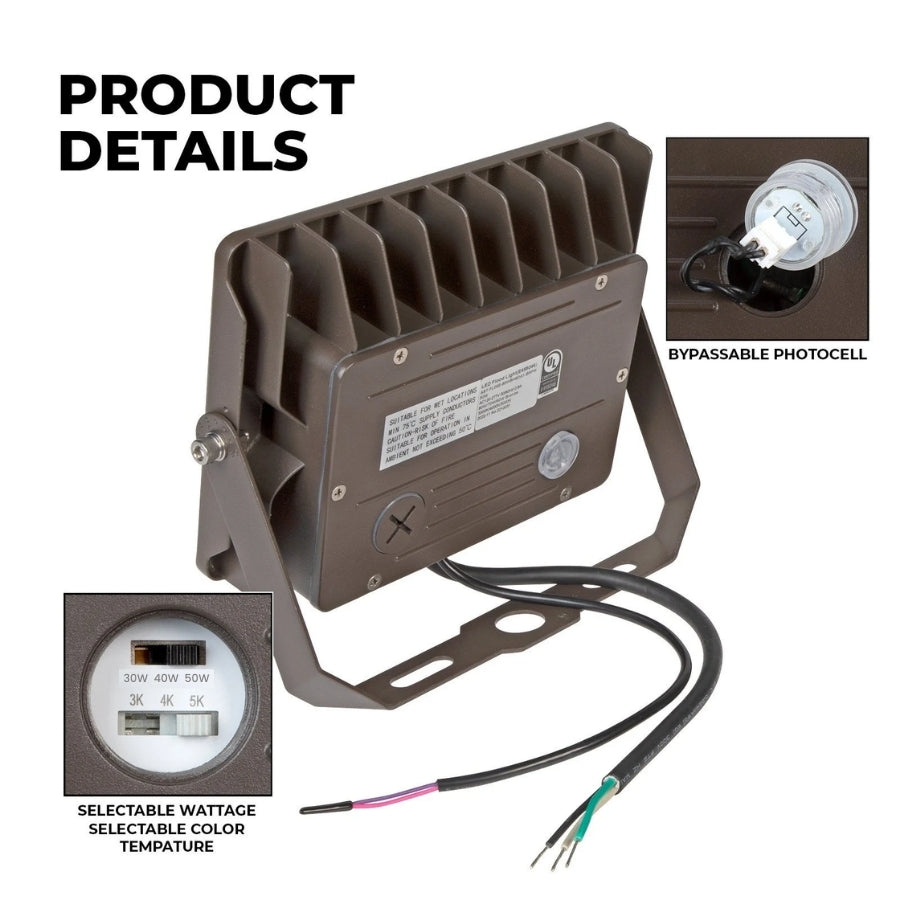 50W Max LED Flood Light with Yoke Mount — Selectable Wattage 30W/40W/50W & 3CCT (3000K–5000K), 7,250 Lumens, Photocell Included, 0-10V Dimmable, IP65 Waterproof, 250W MH Equivalent, UL/DLC Premium, 50,000 Hrs, 5-Year Warranty