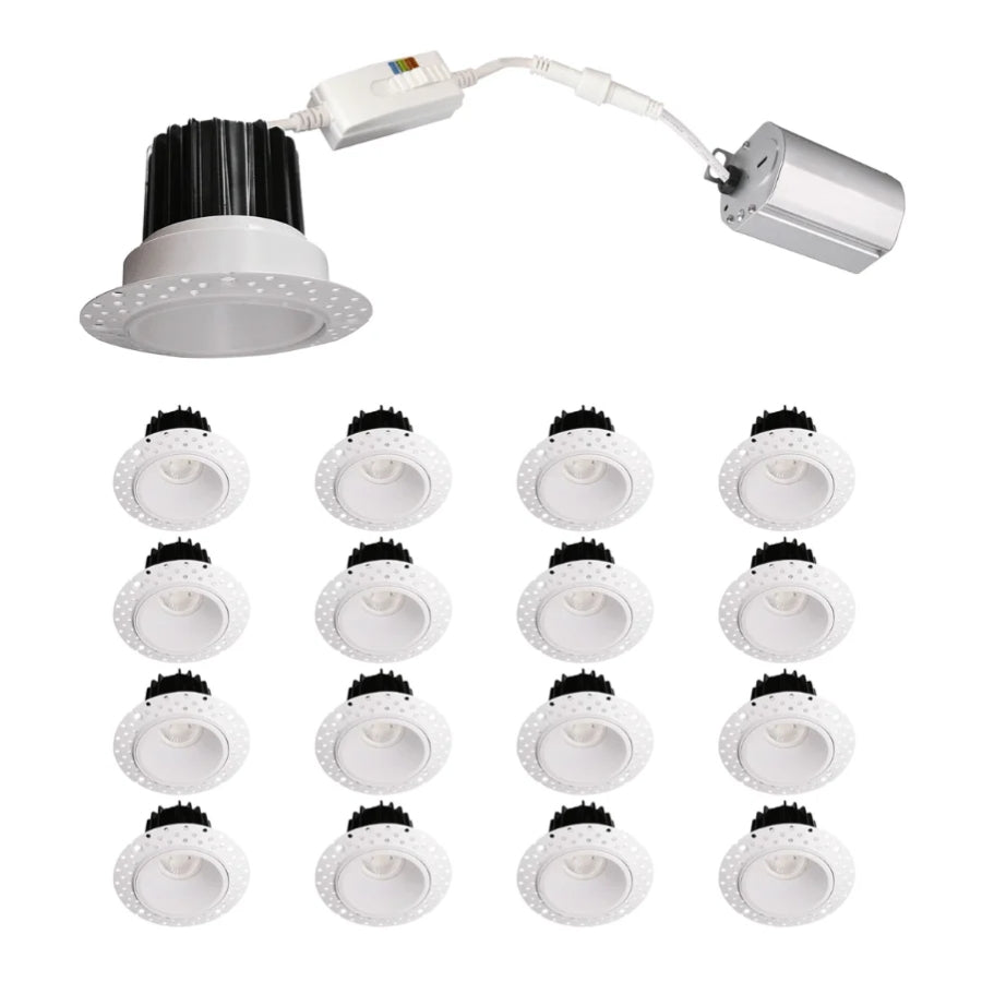 2 Inch 8W Round LED Trimless Downlight with Junction Box, 700 Lumens, 2700K/3000K/3500K/4000K/5000K Selectable, AC120V TRIAC/ELV dimmers, White Trim, IC Rated, CRI 90+ Wet Location ETL Listed 16PACK