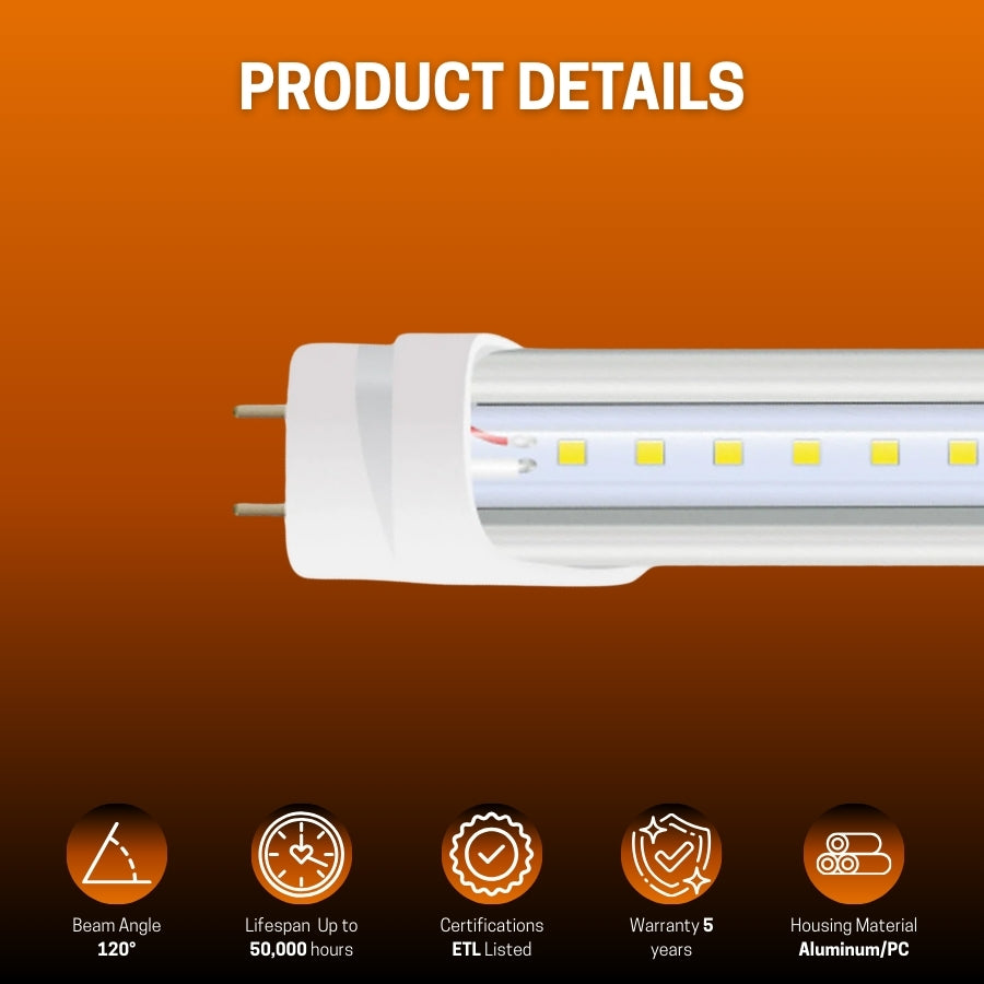 3FT LED Tube Light, 15W, Type A+B, 2100 Lumens, 5000K, 0-10V Dimmable, Single-End, Clear Cover, G13 Base, 100-277V AC, ETL Certified