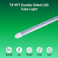 T8 9FT Double Sided LED Tube Light on a green background with specifications listed.