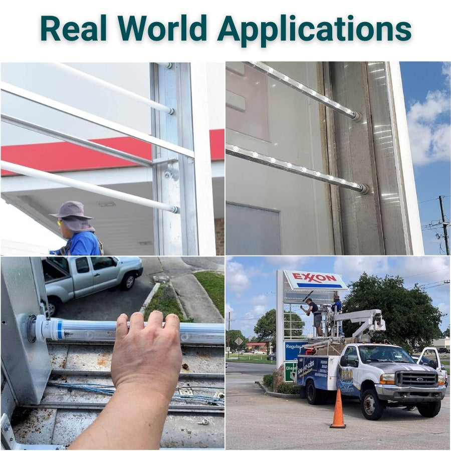 Collage of real-world applications of 9ft led tube bulbs including a person using a ladder, a truck with a ladder on top, and an Exxon gas station.