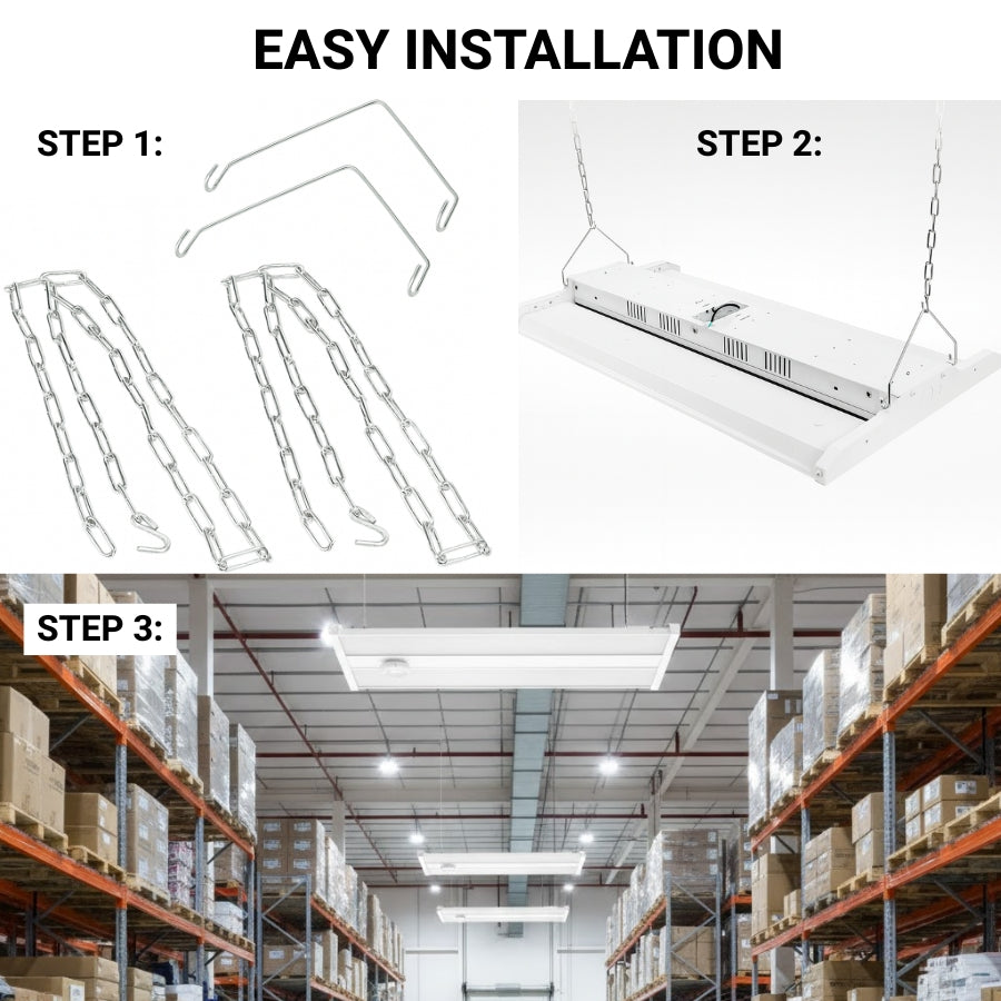 165W Linear LED High Bay Light with PIR Motion Sensor, 22,440 Lumens, 5000K Daylight, DLC 5.1 Premium, 400W MH Equivalent, Frosted PMMA Lens, 120-277V, Suspended Mounting, Warehouse & Industrial Lighting
