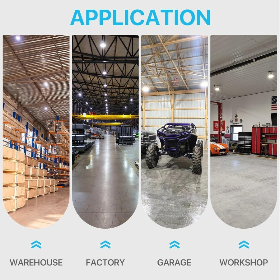 Applications of high bay ufo led lights in warehouse, factory, garage, and workshop settings.