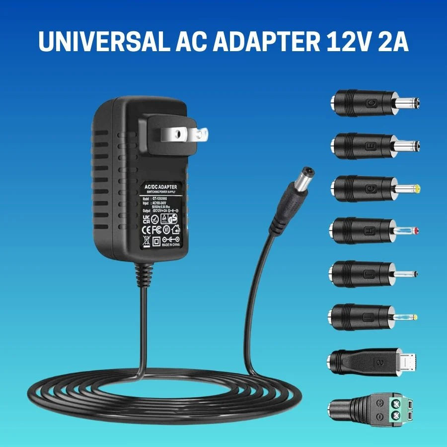Battery Charger Power Supply – 12V 2A AC to DC Adapter, 24W Power Converter, AC110V to DC12V Transformer with 8 DC Plug Tips – Compatible with 12V 500mA to 2000mA Devices