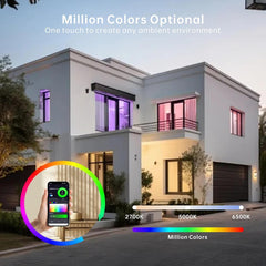Modern house with smart lighting system displaying color options and temperature settings.