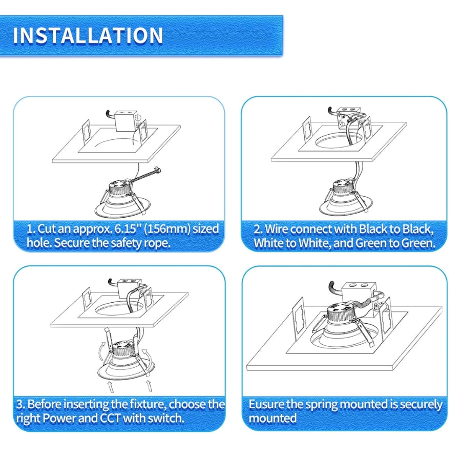 Step-by-step installation guide for a 6-Inch Commercial Canless LED Downlight fixture with illustrations and text instructions.