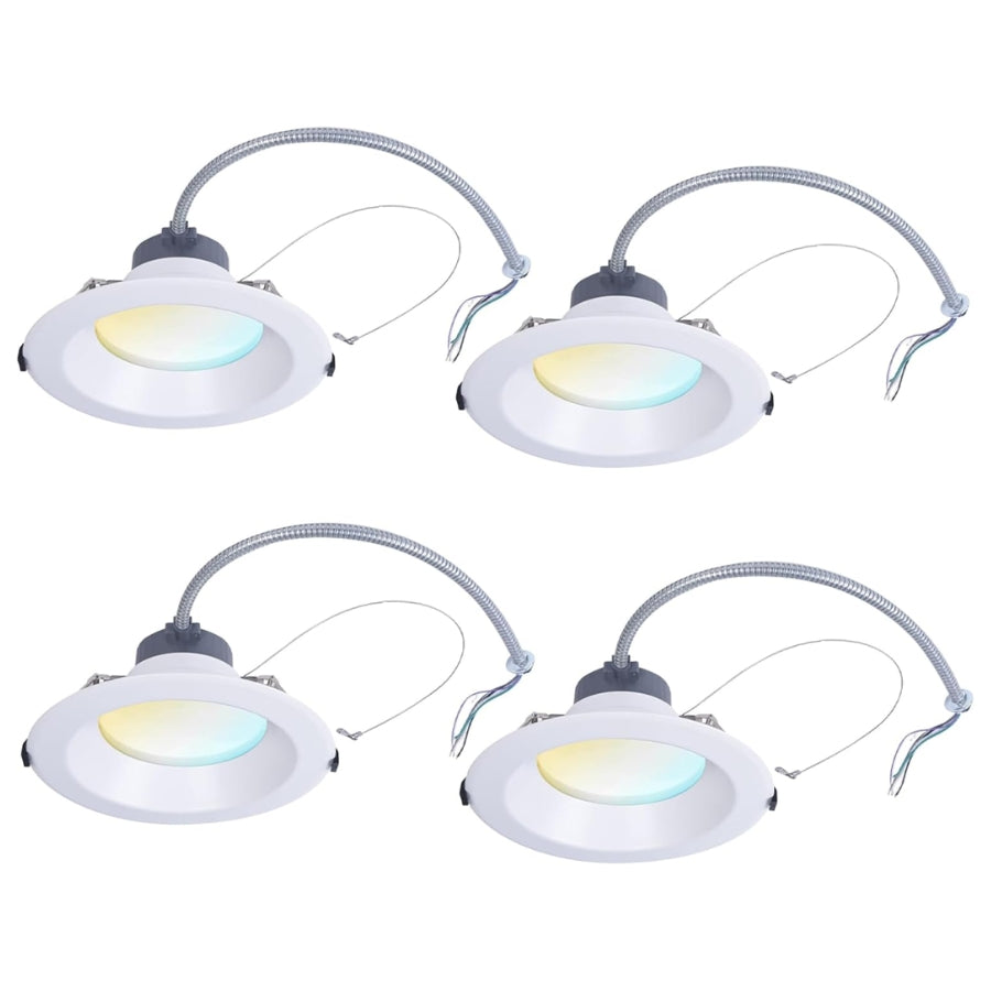 Four LED downlights with flexible necks on a white background