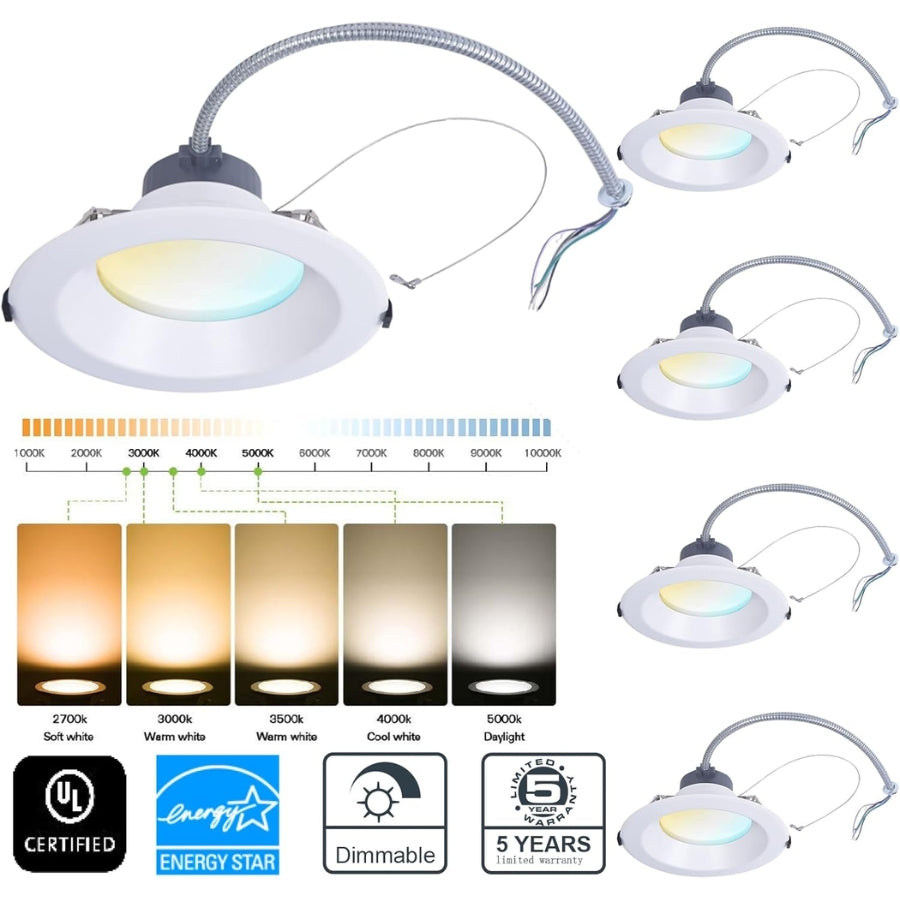 LED downlights with color temperature options and certifications on a white background