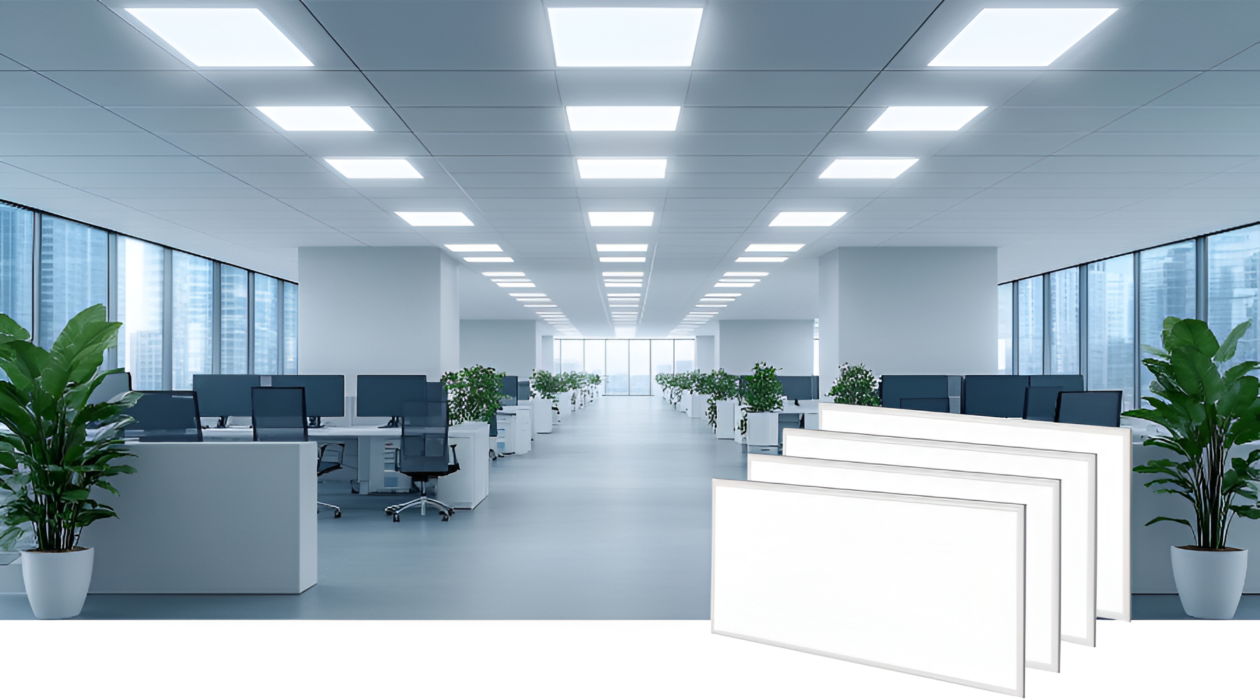 Modern office space with desks, chairs, and large windows. Commercial LED lighting at fliptoled 