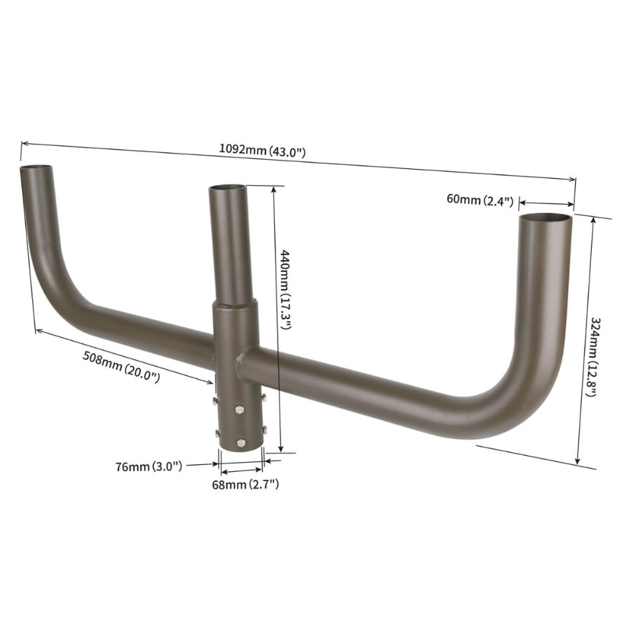 Dimensions of a Metal Bullhorn Tenon Adapter with 3 Arms bracket  with measurements labeled