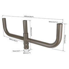 Dimensions of a Metal Bullhorn Tenon Adapter with 3 Arms bracket  with measurements labeled