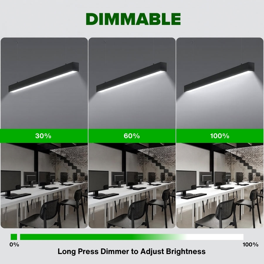 Dimmable LED strip light with three brightness levels in an office setting.