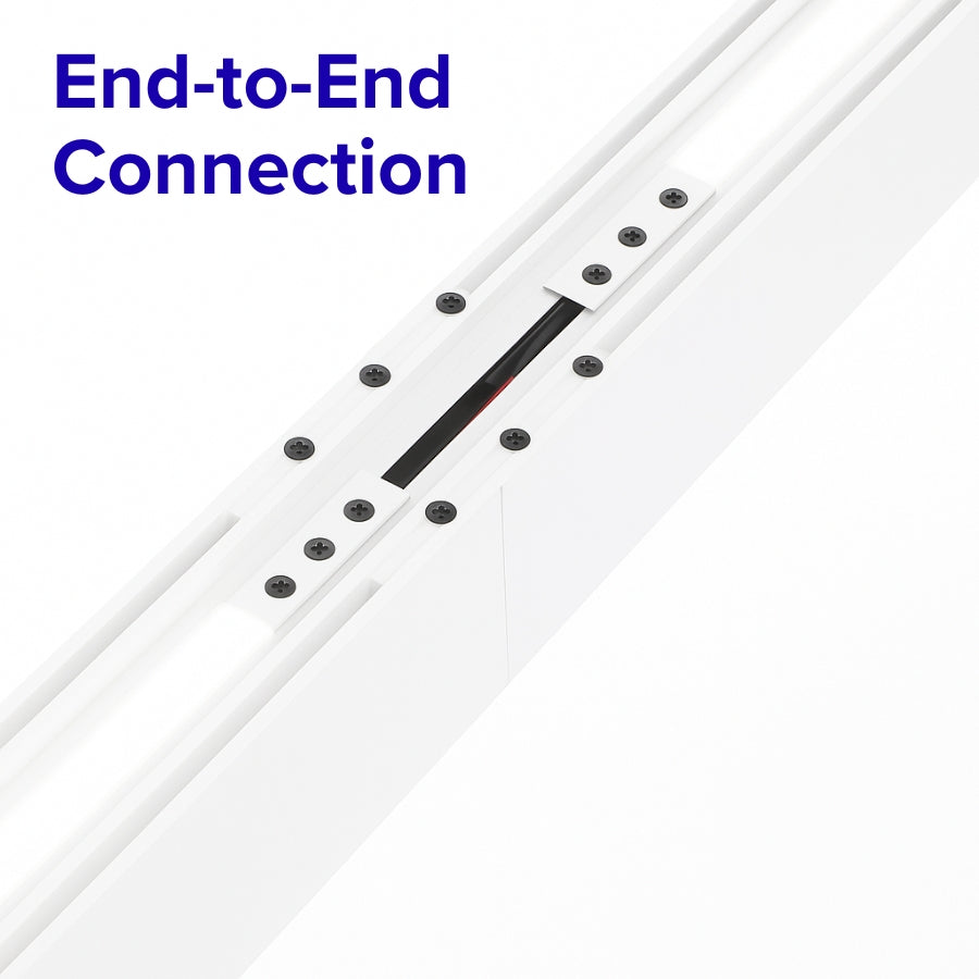 Close-up of a mechanical connection with 'End-to-End Connection' text of Dimmable Hanging Office Shop Light Fixture with Remote Control on a white background