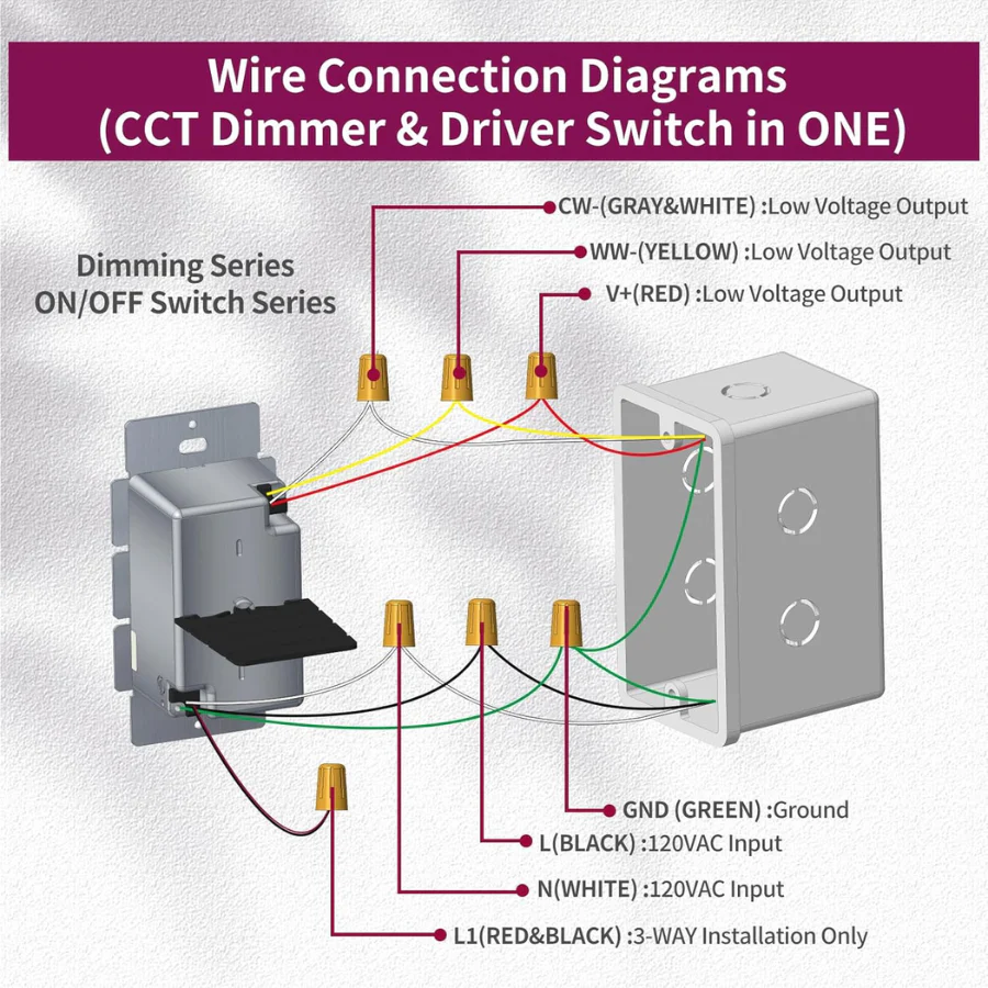 Wiring diagram for CCT Dimmer & Driver Switch with labeled connections on a gray background.