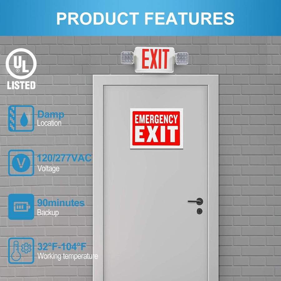 Emergency exit sign on a door with product features listed above.